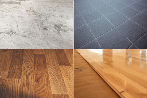 Collage of different flooring materials including marble, tile, wood, and laminate.